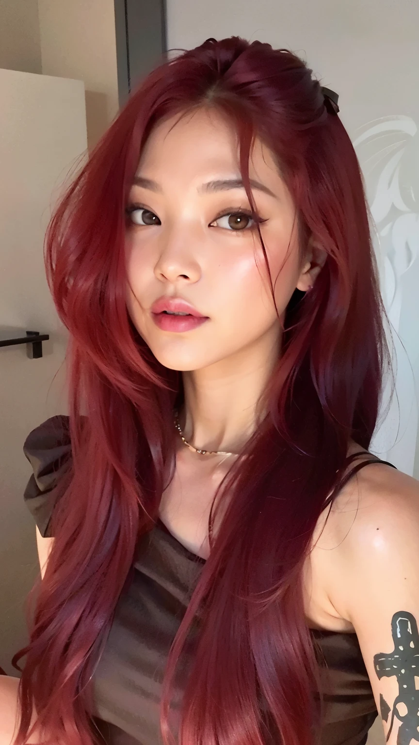 A closeup of a woman with red hair and a tattoo on her arm, cabelo carmesim vermelho, cabelos tingidos de vermelho, cabelo vermelho carmesim, cabelo carmesim, com longos cabelos ruivos, cabelos vermelhos carmesim e olhos vermelhos, com cabelos ruivos, cabelos longos vermelhos, cabelos avermelhados, Cabelos ruivos claros, red hair, jossi do blackpink, cabelos longos carmesim