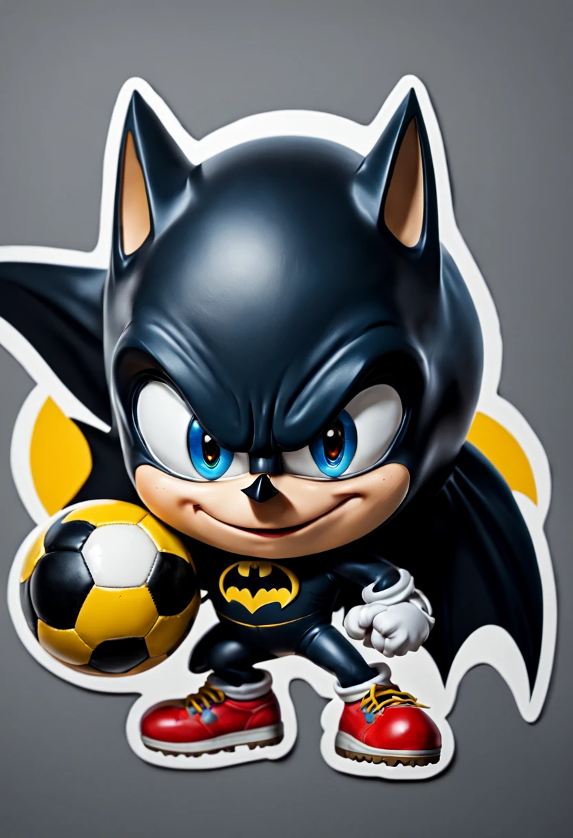 Cartoon-style ((4k UHD high detail, 4k RAW studio photography)) big (sticker) of a cute adorable smile (((Sonic-batman))) ((looking at the viewers)) ((vivid eyes)), (holding a ball soccer), ((Noir vibes)), complex background, stickers, More Detail