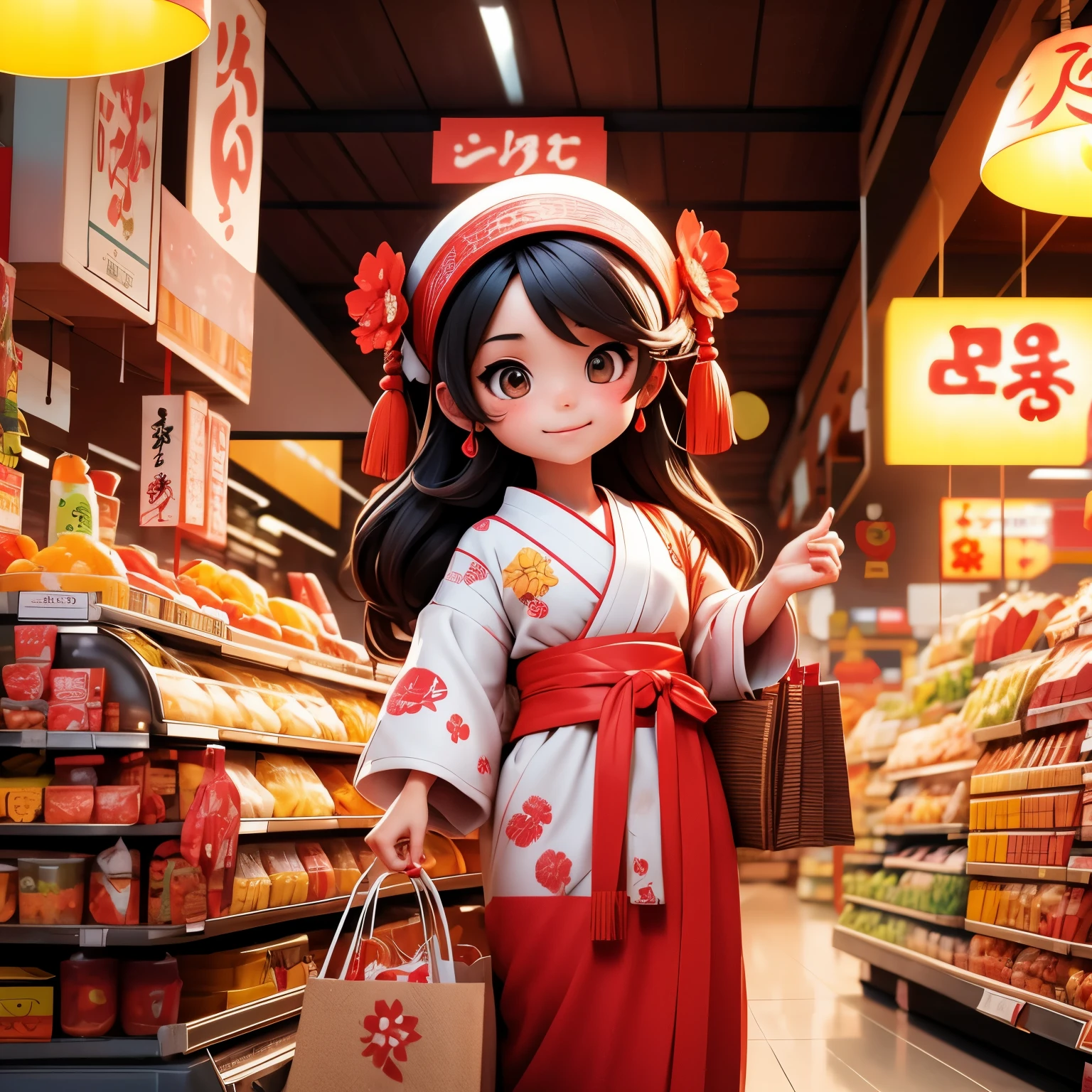 A girl wearing a shrine maiden costume is enjoying shopping at the supermarket.