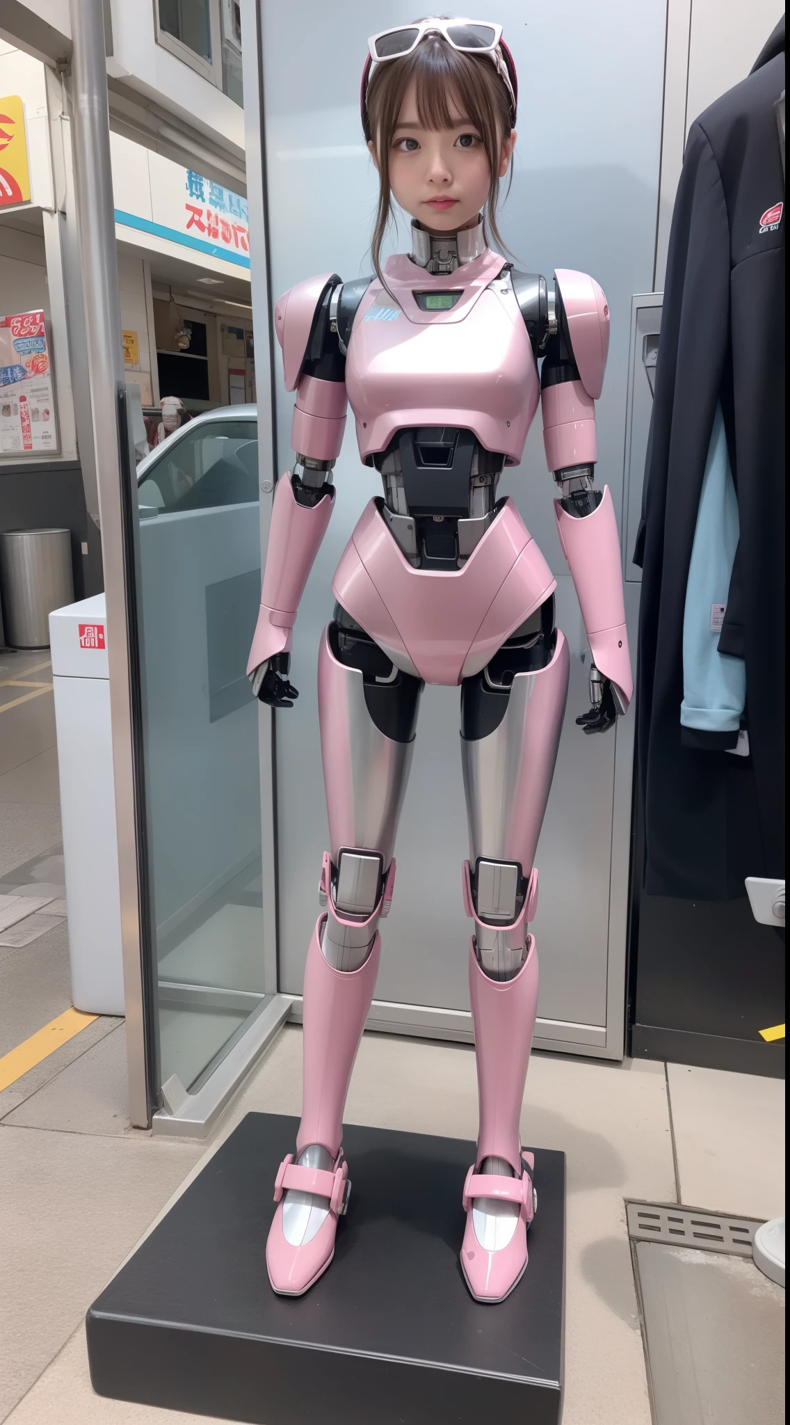 Robot Girl, pink there, Silver, Metallic body, Robot Parts, Metal Parts, Super Detailed Face, Super well-formed face, of the highest quality, a small face, a small head, Brown hair, Slender body, Camera gaze, Internal Mechanical Exposure, Idol, front facing, Well-proportioned body, gravure, Photo session, Akihabara, Moe Pose, Standing with legs open, Model body type, sad, Embarrassing,(Perfect Robot Girl),(Perfect machine body)