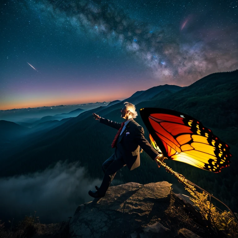 Rainbow butterfly flying in front of the night view(a little smaller), Very detailed, 4k realistic, Beautiful night view from the mountaintop,old man flying in the air,An old man spreading his arms,wears a suit,