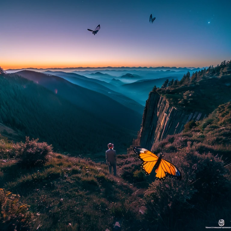 Rainbow butterfly flying in front of the night view(a little smaller), Very detailed, 4k realistic, Beautiful night view from the mountaintop,old man flying in the air,An old man spreading his arms,wears a suit,