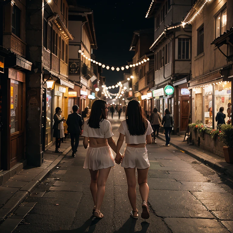 Ahigh resolution realistic photo of two gorgeous nude Mexican women wearing beige stockings. In a busy Mexican village at night. Kissing. Touching vaginas. Sexy. Beautiful. Face painted like a sugar skull. Dio de Los Muertos festival. Long red hair. Perfect body. Perfect ass. Tattoos. Perfect body. Slim legs. Narrow waist. Huge breasts. Perfect nipples. Erotic. Masterpiece