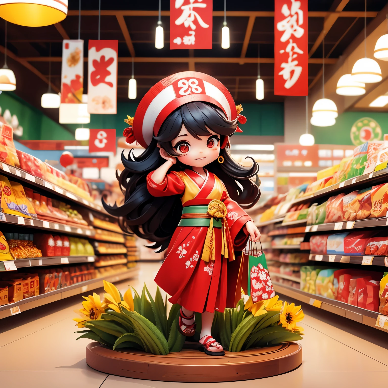 A girl wearing a shrine maiden costume is enjoying shopping at the supermarket.