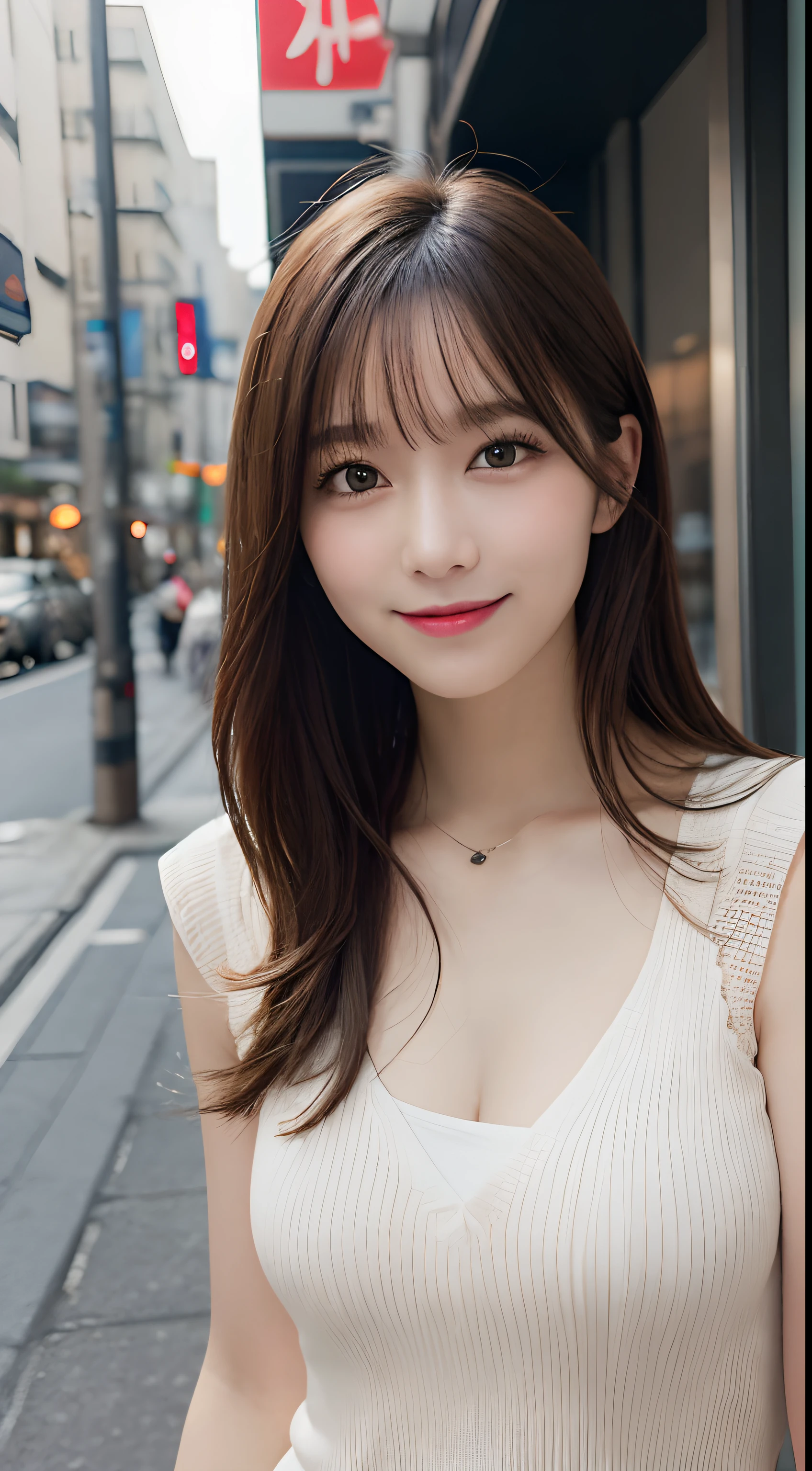masutepiece, Best Quality, Illustration, Ultra-detailed, finely detail, hight resolution, 8K Wallpaper, Perfect dynamic composition, Beautiful detailed eyes, doress,Medium Hair,Mid-chest, Natural Color Lip, Random and sexy poses,Smile,Aoyama Street Walk