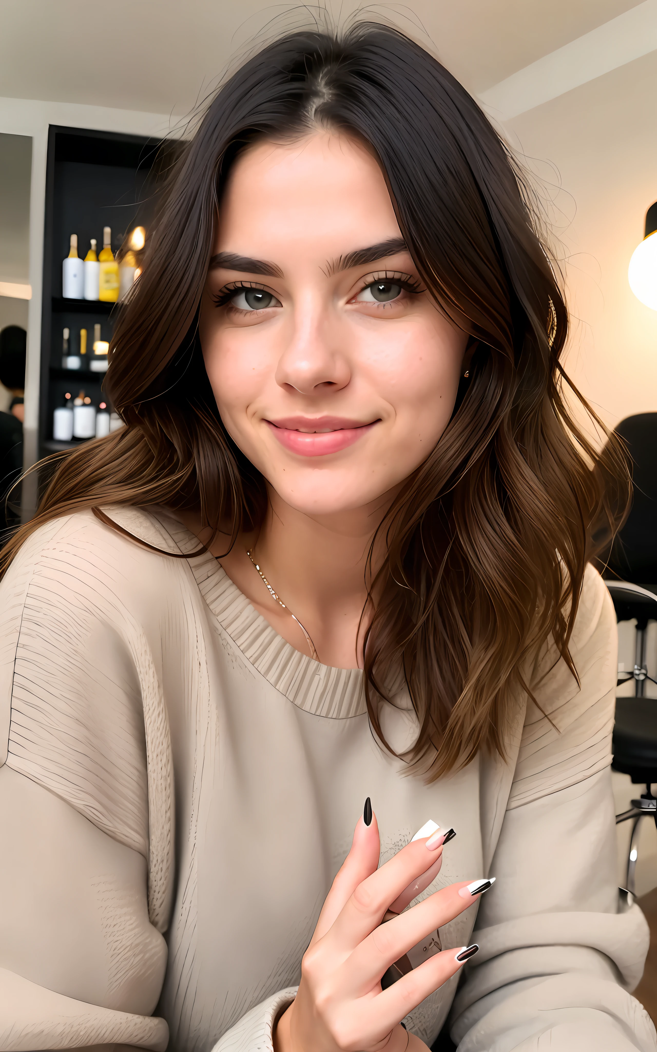 beautiful brunette wearing light beige sweater (taking care of nails in a modern beauty salon), very detailed, 21 years old, innocent face, natural wavy hair, blue eyes, high resolution, masterpiece, best quality, intricate details, highly detailed, sharp focus, detailed skin, realistic skin texture, texture, detailed eyes, professional, 4k, charming smile, shot on Canon, 85mm, shallow depth of field, kodak vision color, perfect fit body, extremely detailed, foto_\(ultra\), photorealistic, realistic, post-processing, maximum detail, roughness, real life, ultra realistic, photorealism, photography, 8k uhd, photography