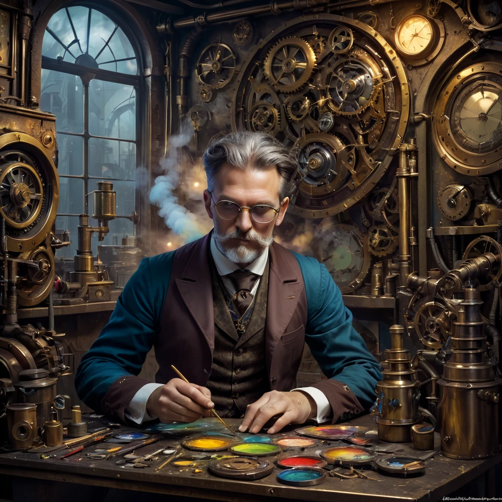 [Un artiste peintre dans la trentaine, Style steampunk, creating a masterpiece:1.2, utilisant outils de couleur, habits victoriens, Vibrant colors:1.1 et textures riches, entouré d&#39;une machine à vapeur autour de lui dans la piece, Jetant a lumière chaleureuse sur the artist and son environment.]