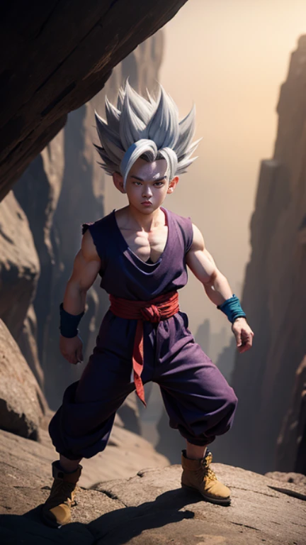 masterpiece, best quality, ultra-detailed,  Gohan 1boy, solo, grey hair, spiked hair, red eyes, dougi, full body, looking at viewer, male focus, earth \(planet\), planet, space, cracked ground and rocks rising up, rubble rising,