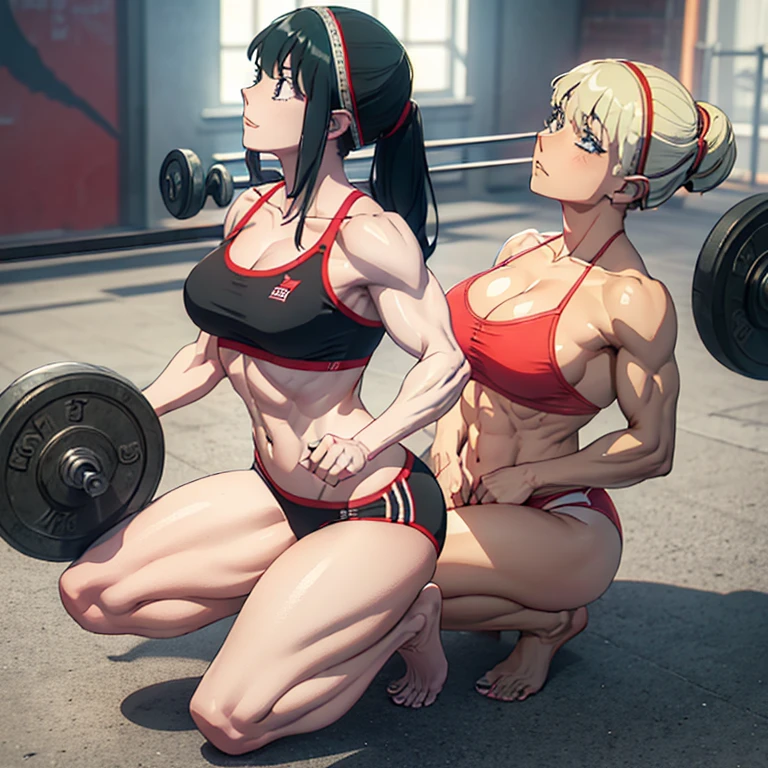 (Eine detaillierte Zeichnung von yor forger , female Bodybuilding , bodybuilding gym.), shirtless, barefoot, Nackedei