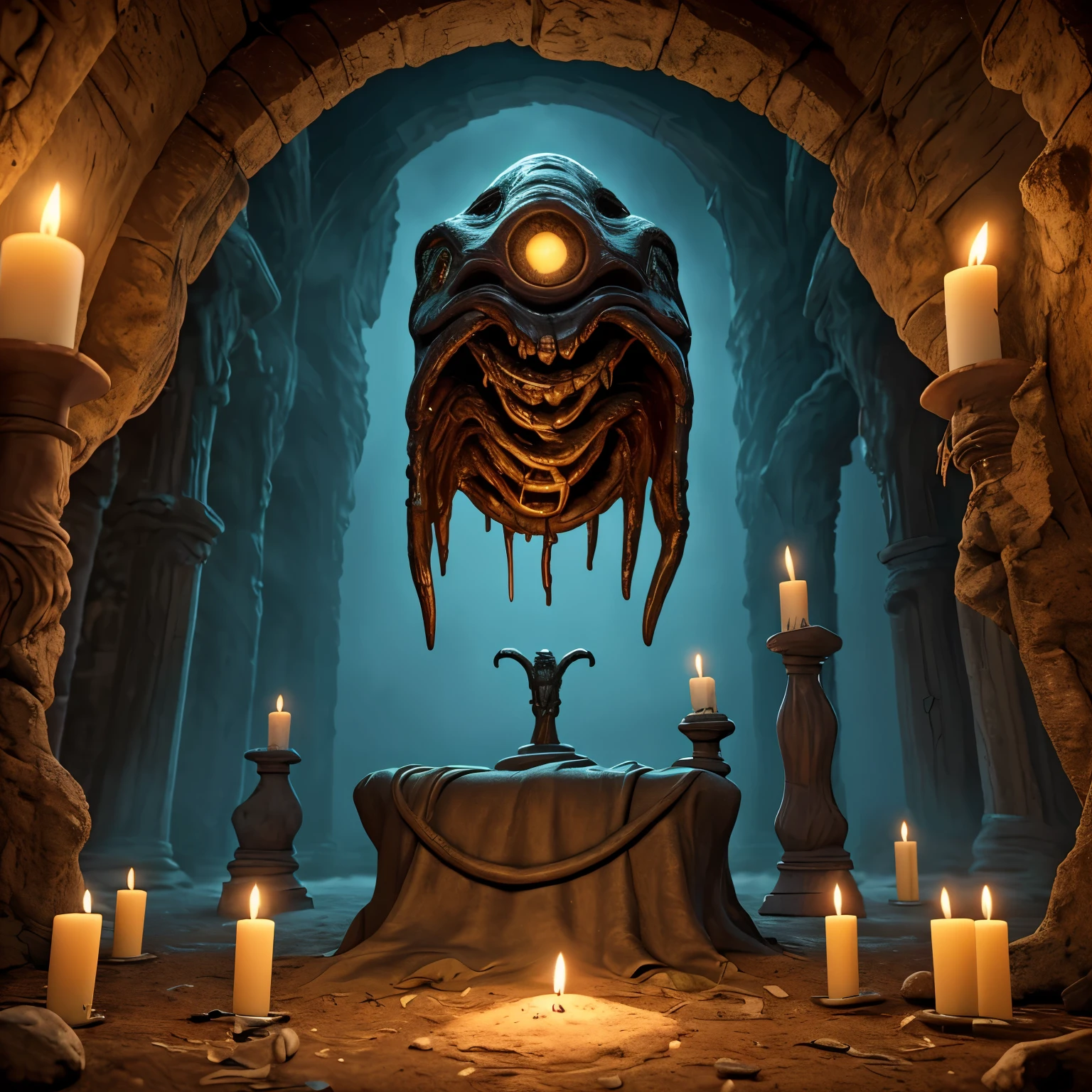 (best quality,4k,8k,highres,masterpiece:1.2),ultra-detailed,(realistic,photorealistic,photo-realistic:1.37),creepy, mysterious, ancient relic armor, floating above an altar, in a slime and vine-filled blasphemous cathedral of Alien origins, moonlight spills in from an opening in the ceiling, evil lives, dark shadows, eerie atmosphere, haunting presence, supernatural aura, ominous energy, gothic architecture, menacing sculptures, foggy mist, eerie silence, ancient inscriptions, arcane symbols, flickering candles, ethereal glow, spectral figures, otherworldly whispers, unknown language, hidden treasure, foreboding presence, shrouded in mystery, eerie reflections, eerie echo, tense anticipation, macabre beauty, chilling ambience, ancient magic, mythical power.
