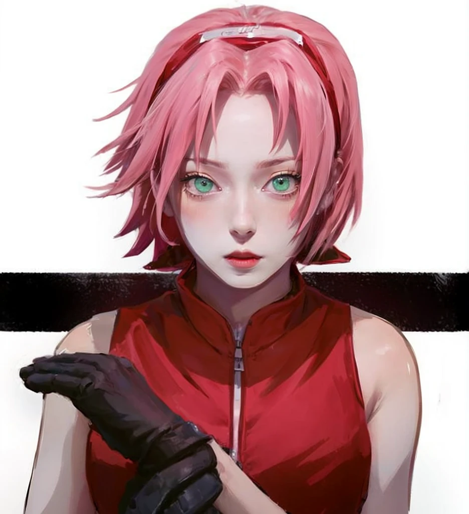 young woman, porcelain skin, short pink hair, wide forehead, thin pink eyebrows, emerald green eyes, upturned nose, thick red lips, heart-shaped face, blood red vest, black leather gloves, Sakura Haruno, 3d, realism , forest