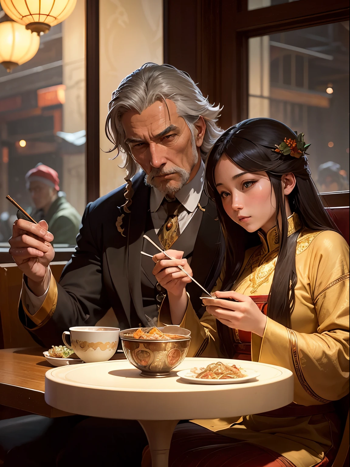 Umberto Brunelleschi, Alphonse mucha, Surreal, mysterious, strange, fantastical, fantasy, Sci-fi, Japanese anime, Christmas Eve, father and son eating pho noodles at a Vietnamese restaurant, curious about the beautiful girl in the table over there, snow, detailed masterpiece
