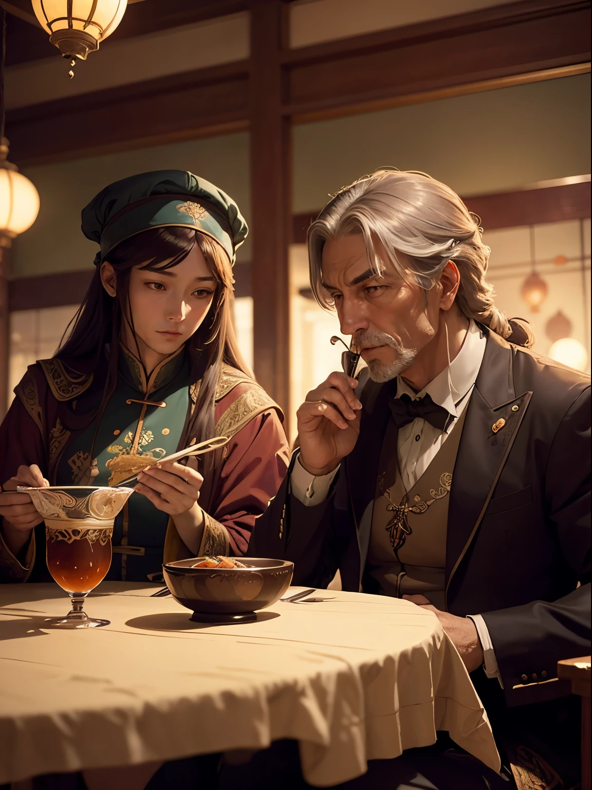 Umberto Brunelleschi, Alphonse mucha, Surreal, mysterious, strange, fantastical, fantasy, Sci-fi, Japanese anime, Christmas Eve, father and son eating pho noodles at a Vietnamese restaurant, curious about the beautiful girl in the table over there, snow, detailed masterpiece
