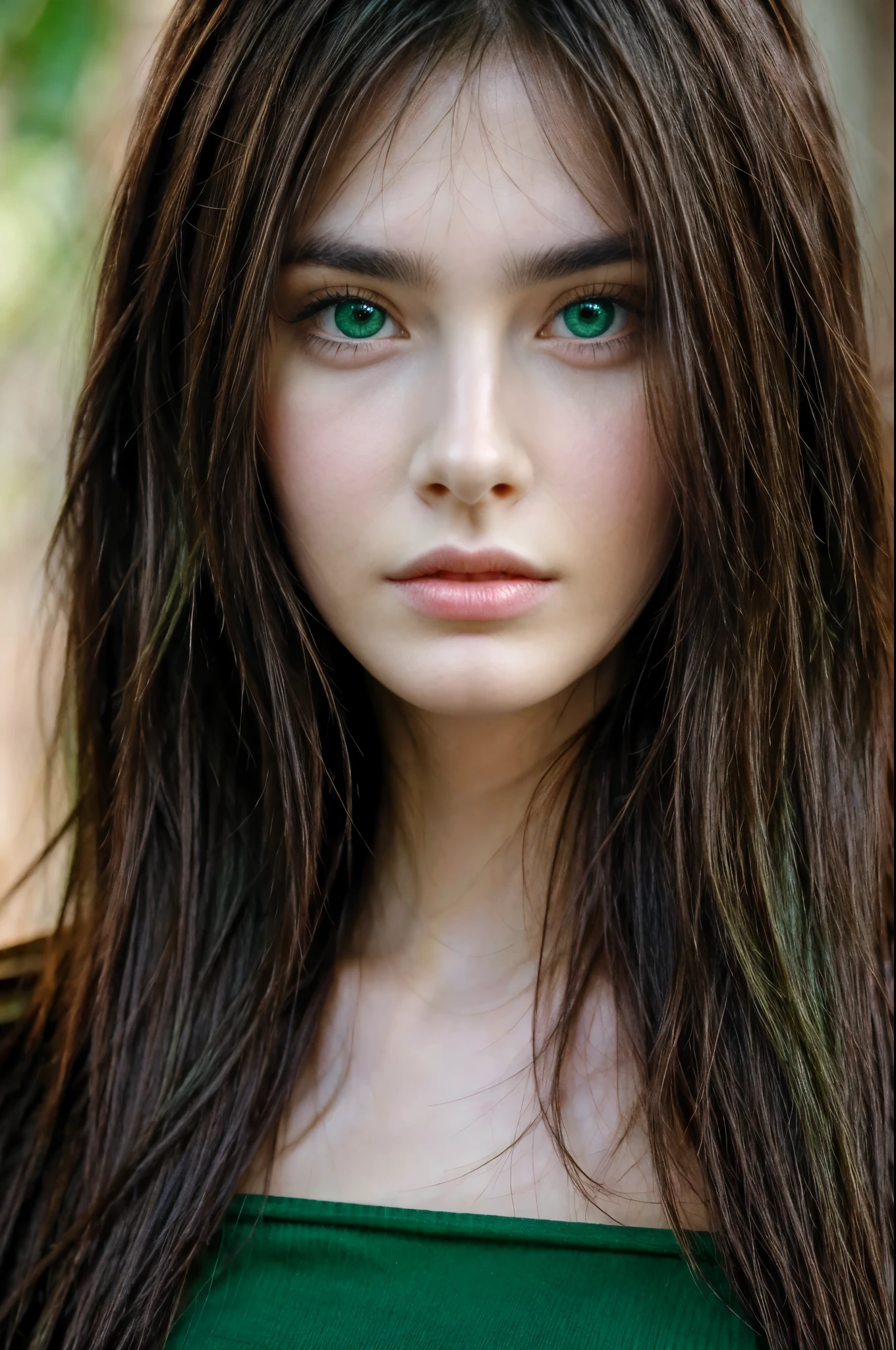 Beautiful brunette, serious face, green eyes, long hair, front face