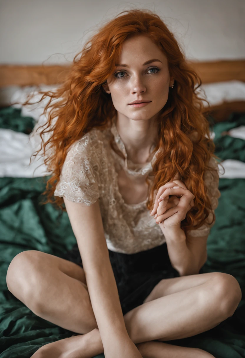 25 year old redhead woman with long wavy hair, freckles, green eyes, a narrow waist, small breasts with small nipples, sitting back on her bed, propped up on pillows with her legs spread, a little pubic hair, a dildo deep in her pussy