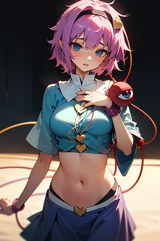 1girl, solo, (komeji satori:1.3), masterpiece, best quality, baby blue shirt, t-shirt, ((stomach)), midriff, ((groin)), purple skirt, normal ears, shackles, pink hair, very long hair, wavy hair, sidelocks, blue eyes, parted lips, single horn, sweat, red horns, desk, toned belly, hand on own chest, eyelashes, (20 year old woman:1.3), (masterpiece:1.4), (best quality:1.4), (beautiful detailed eyes), extremely detailed CG, extremely delicate and beautiful, depth of field, (finely detailed face), (perfect details:1.0), (mature female:1.3), wide pelvis, slender, medium veiny breasts,