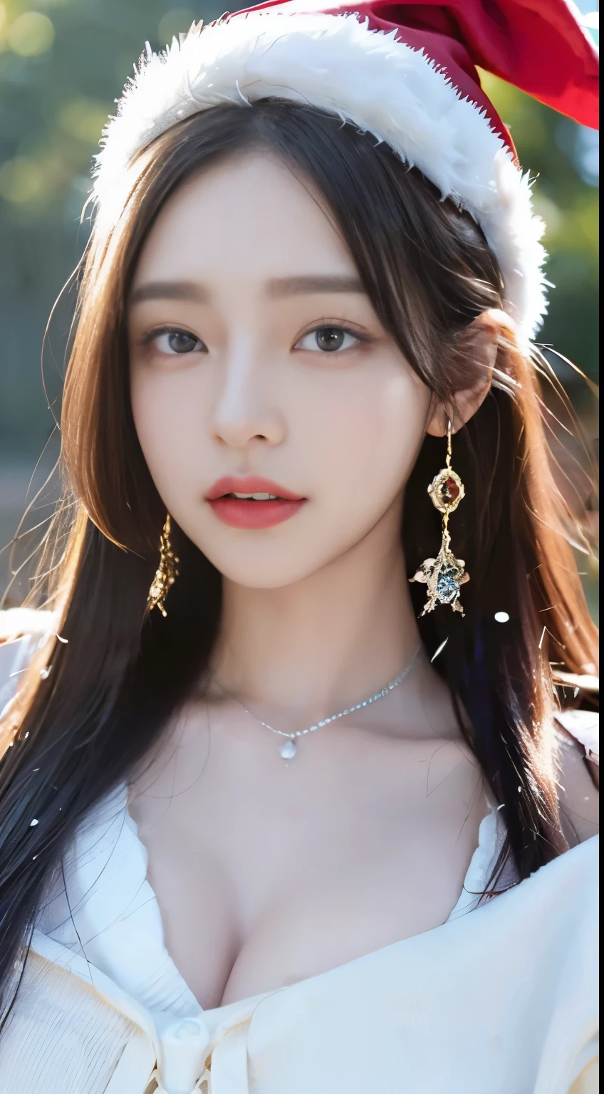 （３２K,high-detail,high detal,hight resolution,highdensity,独奏：1.3）,（Realistic people,Live action,A detailed eye,hight resolutionの目,Fine eyes,Eyes that look like they are alive,beautiful dark blue eyes,Fishing eyes,Detailed lips,Crystal clear white skin,detailed realistic faces：1.3）,（Japanese ido,Korean Idols,model in Japan,Korean models,Korean K-Pop Female Idols：1.2）,（with a flushed face,natural make up,a necklace,piercings）（Wintersのコート,),（Sexy and very beautiful Korean１6 years old ***********,Cool eyes,little smiling,frontage,Looking at the camera,Fashion Leader,fashion modell,Soft skin,Unforgettable eyes,Her eyes are too beautiful,I want to go to Paris Collection..,Cutting-edge fashion：1.6）,（showing your whole body,Show full-body fashion,Fashion that stands out：1.7）,Winters,It's snowing(Winters),I&#39;m wearing Santa cosplay、santa claus