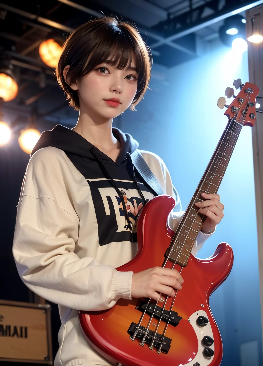 ((top-quality))、(masterpiece:1.4)、Raw photography、8K、((Top image quality))、 ((hight resolution))、Beautiful face in every detail、realisiticな人の肌、Gentle expression、(One lady:1.3 )、realisitic、(rather short hair:1.4)、(Beautuful Women)、(cute Japanese girls:1.3)、(boyish:1.3)、((mannish))、((Pretty Woman))、(Beautiful hair)、((dark brown hair))、With bangs、(((Red cheeks)))、(Her eyes are big:1.3)、20-year-old beauty、(her face is small:1.3 )、small head、(long neck:1.3)、a necklace、((music festival))、(Hoodie)、((On stage))、(play bass guitar:1.3)、((Happy look))、singers、Everyone admires her、rock band、(young woman admires her)、(popular person)、(Dynamism:1.3)、(Oversized clothes)、Band Group Vocals、(cute hairstyle)、