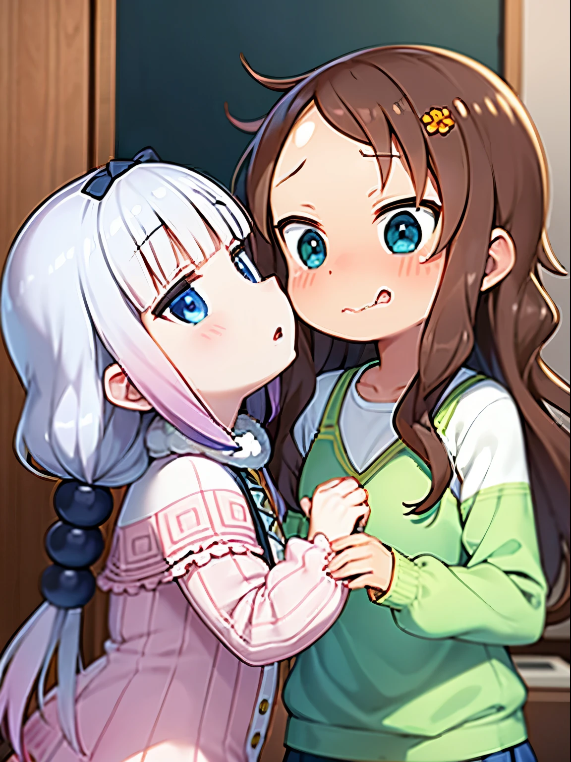 Two girls  , saikawa and kanna hugging each other kissing tongues touching exchanging saliva  .