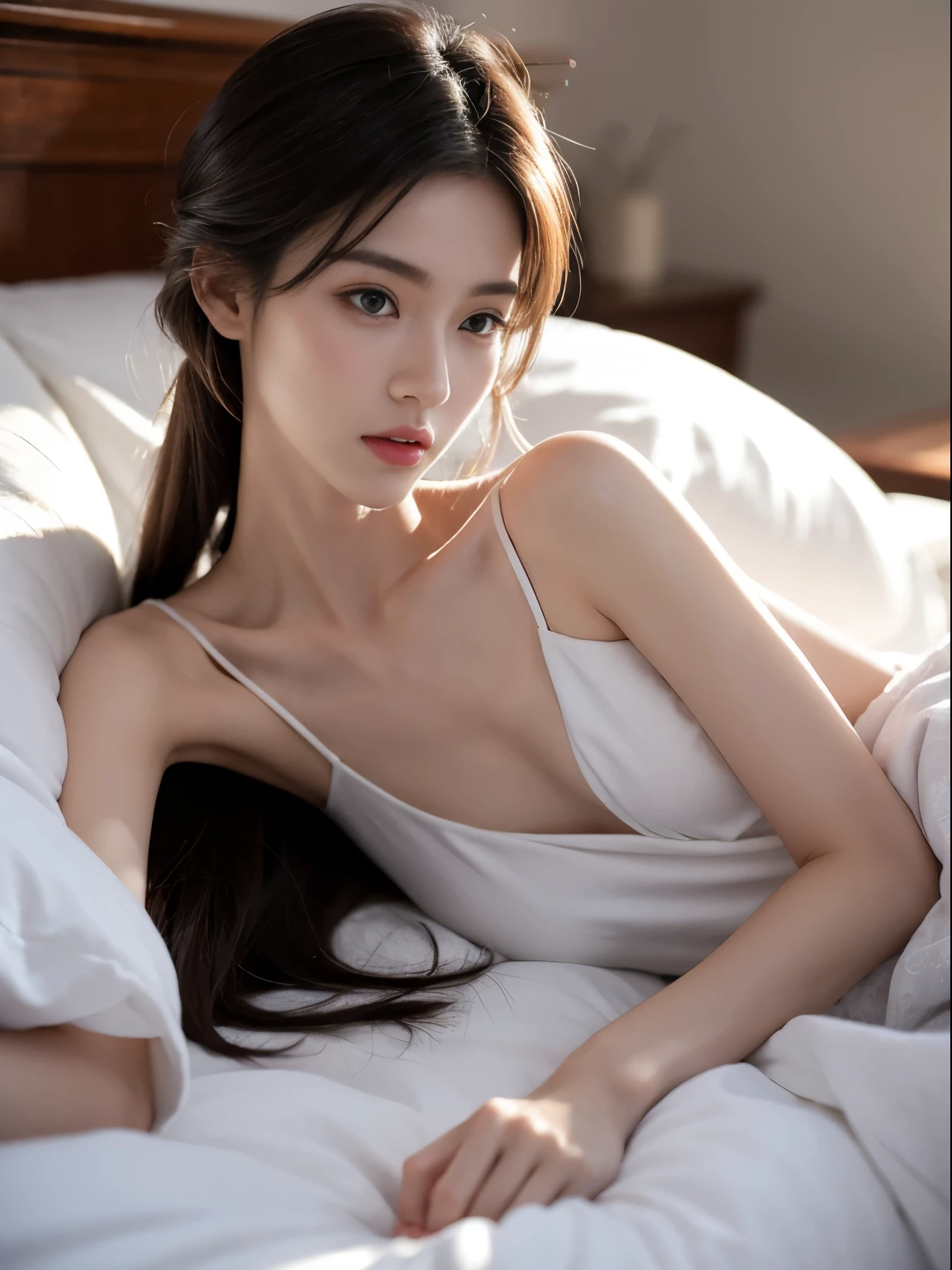 (Photorealistic),(Masterpiece),(ultra-detailed),a really close shot of very pretty tall idol girl lying on a bed but so busy that she had starved for a month so very close to fainting but somehow stays bright for her fans and has extremely thin feeble fragile small body which are just bones and thinner than sticks and she is wearing a white loose silk dress,ghostly appearance because of thinness but beautiful