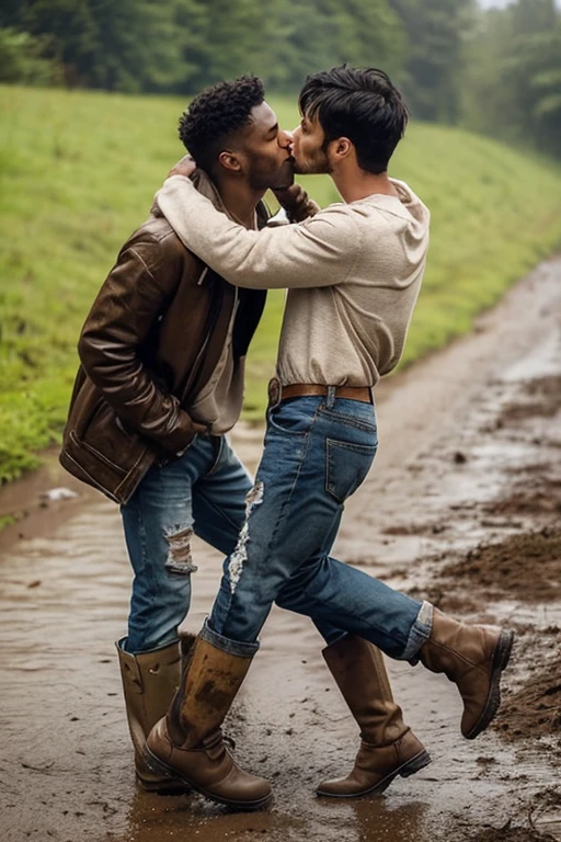 Two wearing ripped jeans men kissing on the muddy ground in the rain.