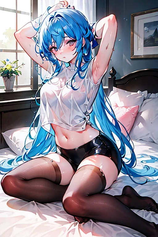 girl pushed down on bed,Strike a captivating pose,looking helpless,Milk spilled on the body,Clothes outline a graceful figure