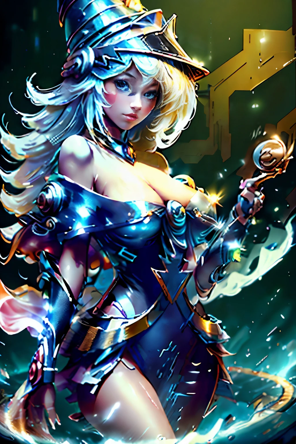 solamente, Super fine photo, Unreal Engine 5 8K UHD digital art portrait of a girl, Arte conceptual, character concept design, wearing a tight, shiny white dress with metallic details, corona de oro, ojos azules, fantasy princess, guante metalico, cabello largo y rubio, La mejor calidad, Obra maestra, Super detailed, foco nítido, pose Sujestiva y sexy y inocente y