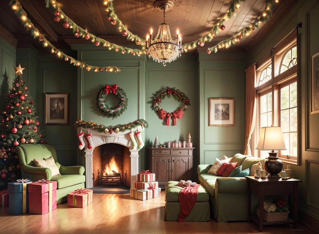 (up front view:1.5),ultra real photo, tmasterpiece, Best quality, ultra - detailed, 超高分辨率, RAW photos,(Christmas living room),(圣诞豪华Decorative style),A fusion of gorgeous Christmas elements and symmetry,落地窗充满温暖的圣诞lamplight。Beautiful Christmas furniture is placed in the center,Includes comfortable Christmas style sofa and chairs,Mild color。(Huge Christmas artwork hanging on the wall),old color,(Christmas unique style)。(墙壁Decorative style以圣诞元素Decorative style,The fireplace is warm、Lanterns hanging on the stairs、Colorful gifts wrapped under the Christmas tree、The floor is piled with gifts、wooden floor、Decorative style的松树、镶wooden floor、Manta ray and green、Christmas atmosphere、传统的Christmas atmosphere、Merry Christmas、gift tags、Christmas wreath、Decorative style、metal ribbon、Christmas tree lights、Candy and Snacks,Gingerbread Man,lamplight),Complements the mirror wall,Broaden the sense of space。(Ornate ceiling design with Christmas elements,悬挂的圣诞彩灯Decorative style让房间充满温暖, Soft lighting)。European Christmas style living room,ultra real photo,Extremely detailed and highest quality CG Unity 8K wallpapers,