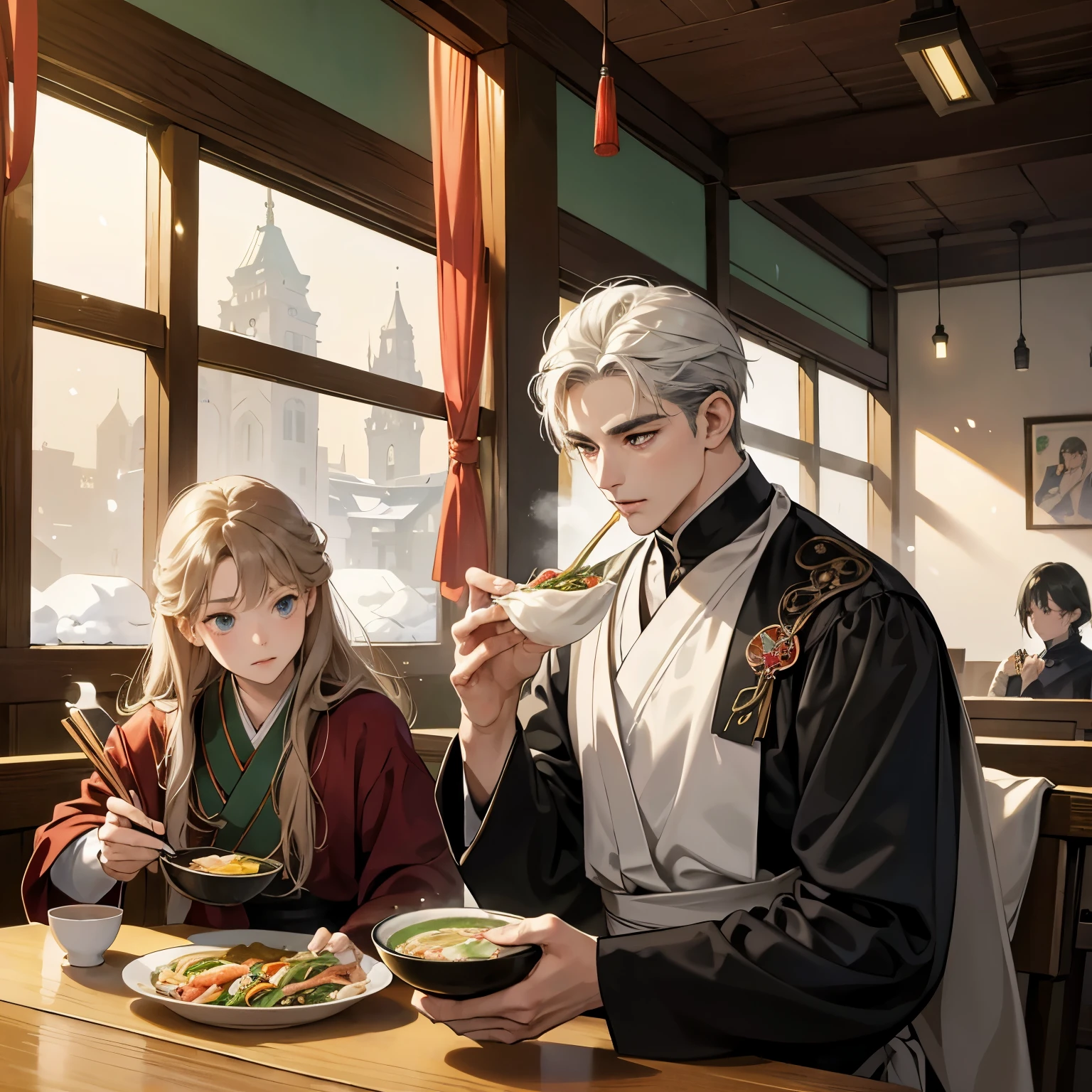 8K,tmasterpiece,Natural lighting,ancient chinese background,High hills,Cloud fog,rios,sitting before a table,Ceramic wine glasses,Outdoor photography,sface focus,detailed face with,facial wrinkle,Relaxed expression,(2 people),Opposite,Male elderly,White hair,Hairpins,Chinese Han dynasty costumes,Boy