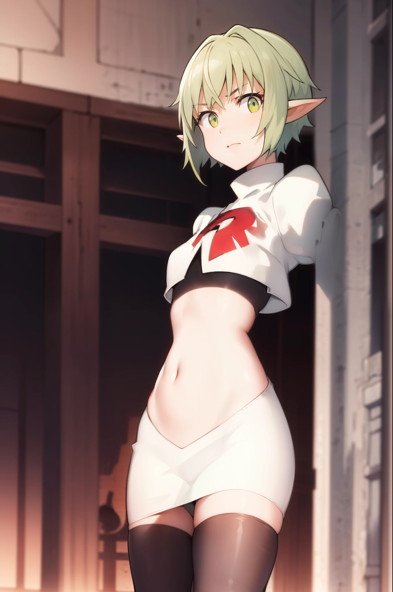 best quality, (masterpiece:1.2), detailed,
1girl, solo, pointy ears,
green hair, green eyes, short hair, short hair with long locks, 
team rocket,team rocket uniform, red letter R, white skirt,white crop top,black thigh-highs,black elbow gloves