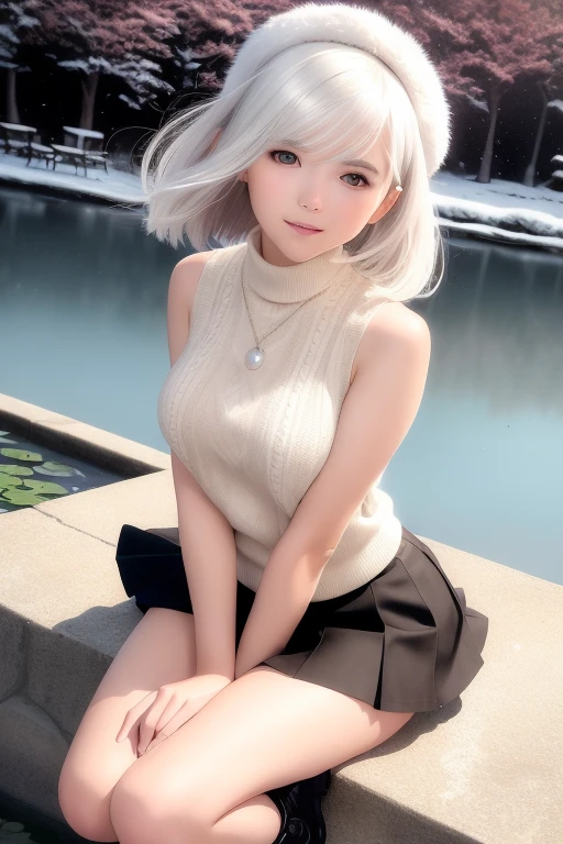 (Short flowy haircut) ,(((winter season))), cute medium side bangs, (((white hair))), ((winter landscape with trees and a small pond in the background)) , ultra detailed, young Japanese woman , wearing simple pearl earrings and heart shaped necklace, ((wearing thigh strap)), beautiful face, ((wearing a black sleeveless turtleneck cotton sweater)), ((medium length pleated skirt)), (skirt flowing in the wind), ((hair flowing beautifully in the wind)) , perfect smooth legs, ((((knees together and pointing inwards)))),  (((contrast rich rim lighting from both sides))) , ((very short red finger nail polish)), (laced up boots) , (realistic eyes) , (firm large sized breasts) , thick calves, correct anatomy, tony taka art style, (snow flakes flying in the air by a soft breeze),ultra wide angle view, ((cinematic depth of field)), bokeh particles, ((crossed arms)), (cute smile with closed mouth), (((leaning forwards))), wearing a cute beret with a cute bow, round filled lips, (((arms pushing breasts together))), (standing up and showing legs), ((hands grabbing the edge of the skirt))