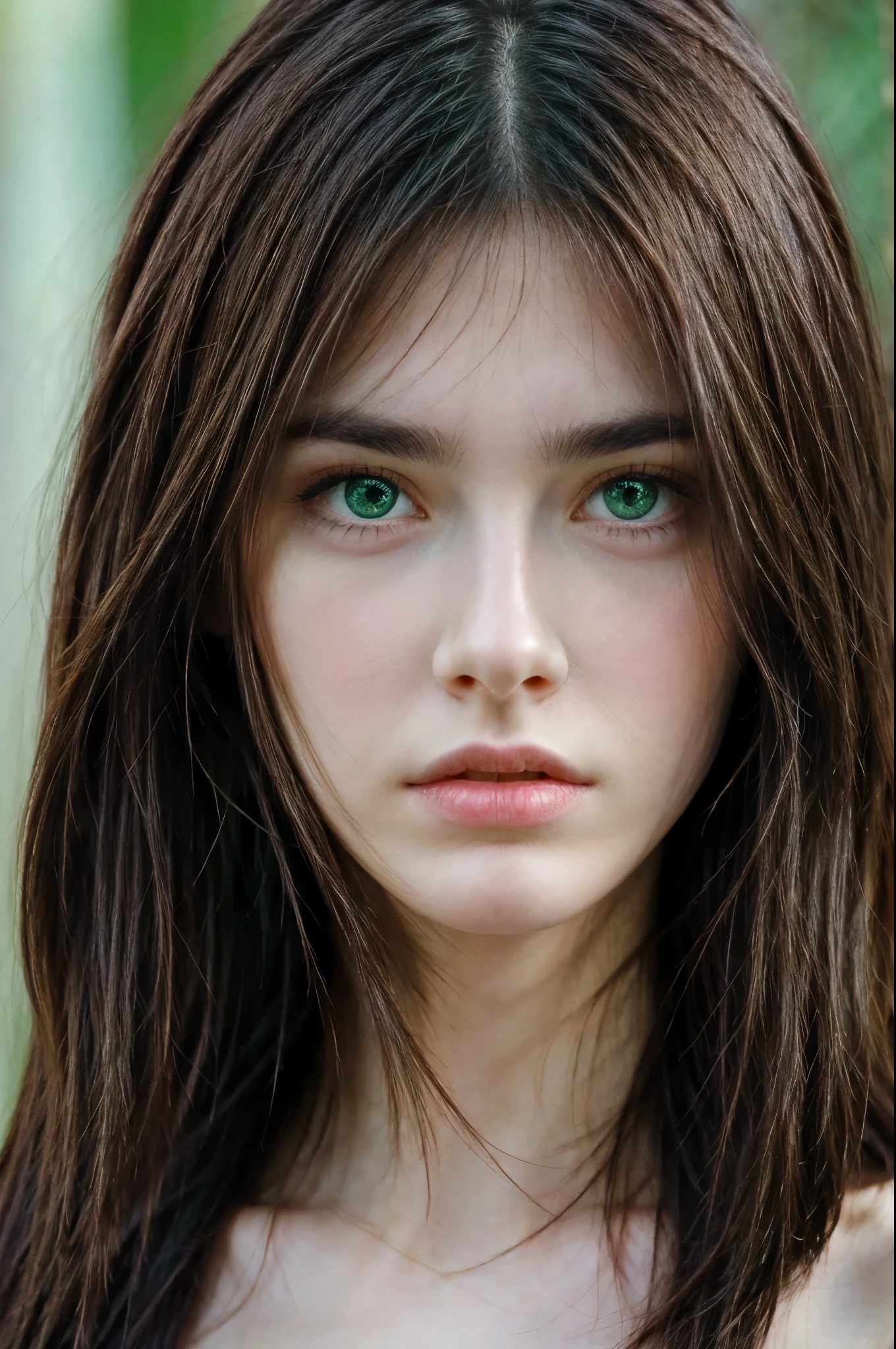 Beautiful brunette, angry, green eyes, long hair, front face