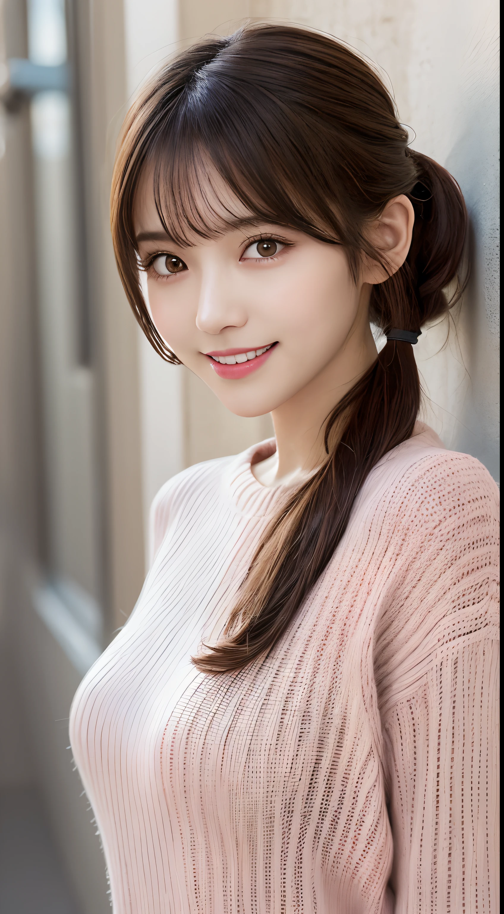 masutepiece, Best Quality, Illustration, Ultra-detailed, finely detail, hight resolution, 8K Wallpaper, Perfect dynamic composition, Beautiful detailed eyes, Wearing a light pink sweater, Ponytail hair,Brown hair color ,Small breasts, Natural Color Lip, Random and sexy poses,Random situations,Slender body,Slender face,A big smile
