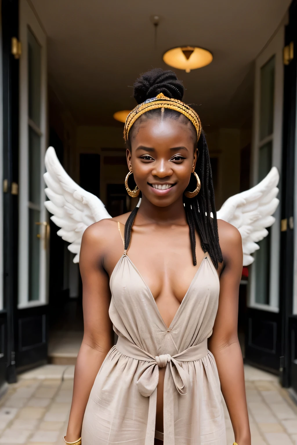 une jeune influenceuse africaine âgée de 18ans avec un teint caramel éclatant dans une robe sexy mettant en valeur ses rondeurs africaines un peu élancé et avec un visage d'ange , in london