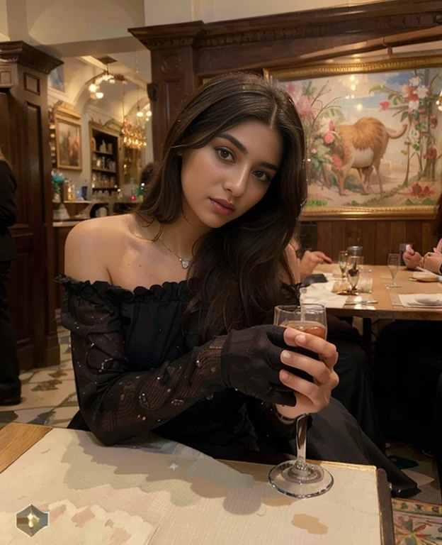 (Best quality, Ultra-detailed, Masterpiece:1.5), photograph of a beautiful pakistani woman in a restaurant holding a glass, The woman should have a flawless, highly detailed face with soft, luminous skin. Her long hair should be naturally brown and stylishly arranged. (Perfect Eyes:1.2), double eyelids, photo-realistic:1.5), 8K UHD, high budget, trendy black dress,