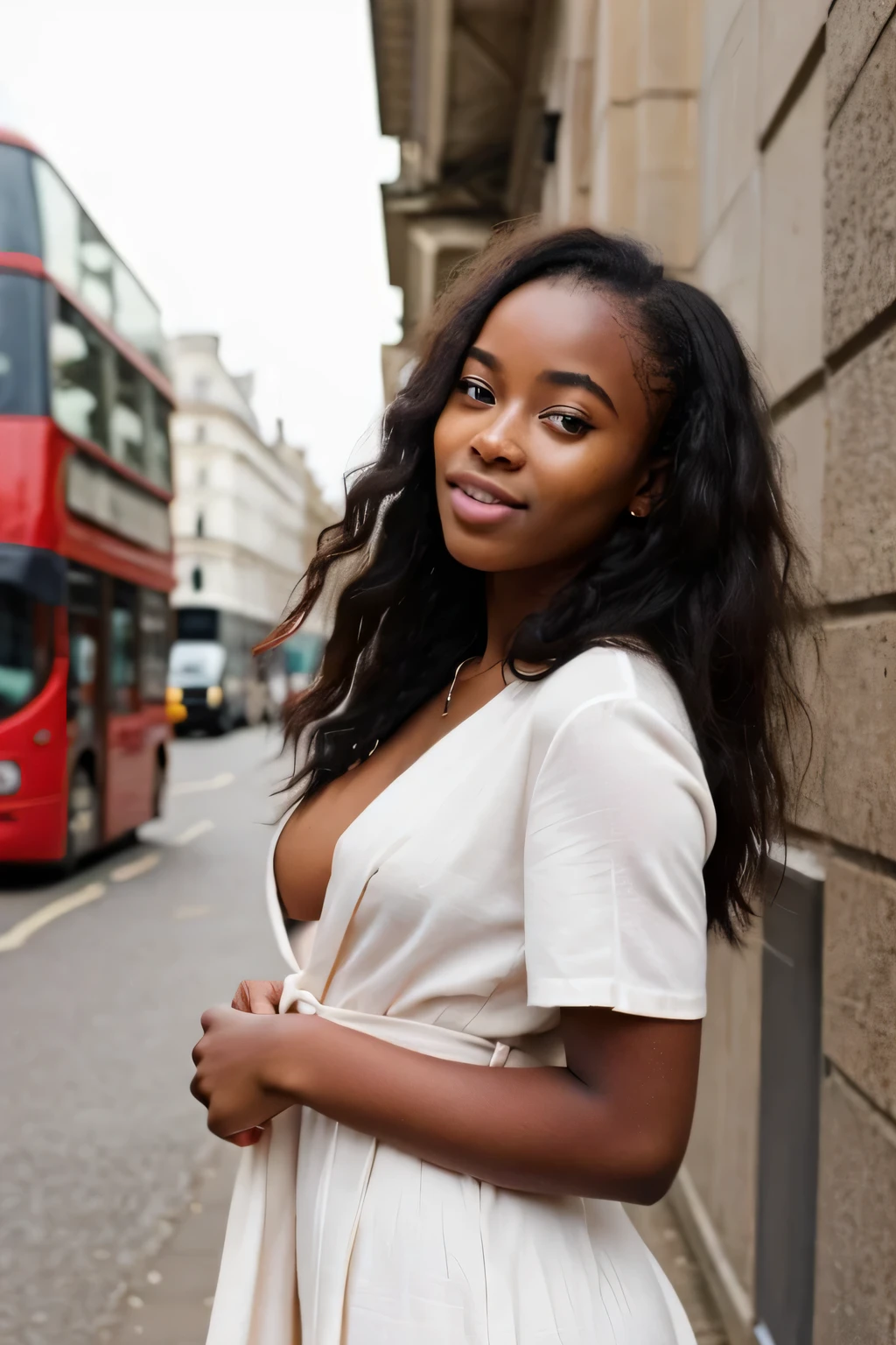 une jeune influenceuse africaine âgée de 18ans avec un teint caramel éclatant dans une robe sexy mettant en valeur ses rondeurs africaines un peu élancé et avec un visage d'ange , in london