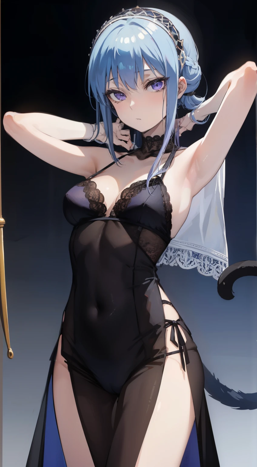 1girl, Frederica Bernkastel, franja, blue arco, cabelos azuis, blunt franja, arco, segurar o peito, rabo de gato, folded arms, vestir, cabelos longos, mangas compridas, Purple eyes, fundo simples, sozinho, tail arco, ornamento da cauda, cauda levantada, fita de cauda