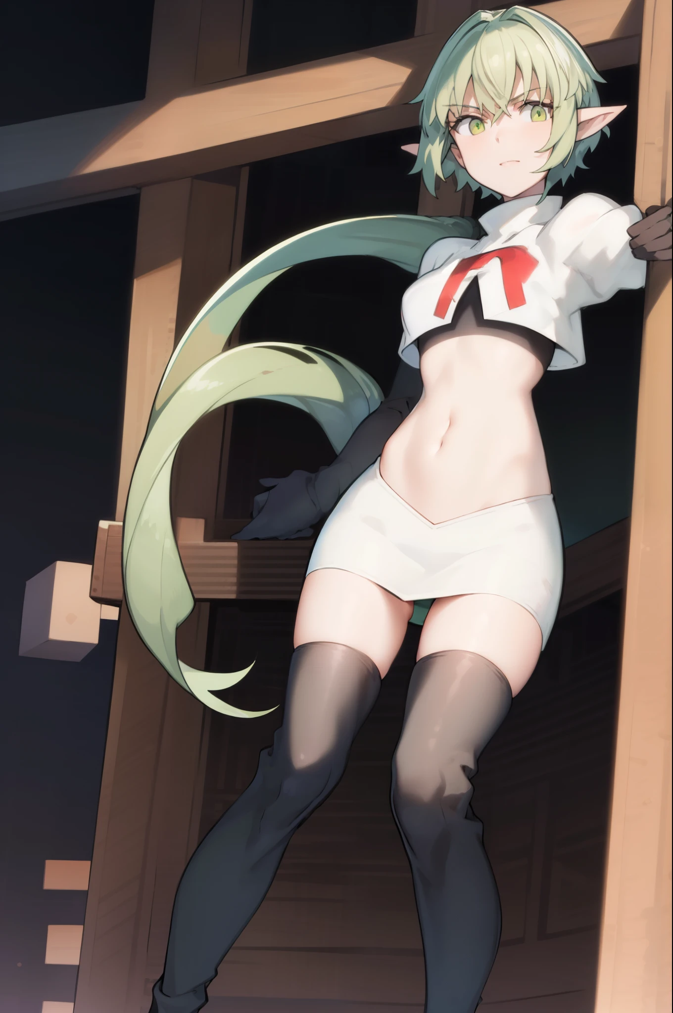 best quality, (masterpiece:1.2), detailed,
1girl, solo, pointy ears,
green hair, green eyes, short hair, short hair with long locks, 
team rocket,team rocket uniform, red letter R, white skirt,white crop top,black thigh-highs,black elbow gloves