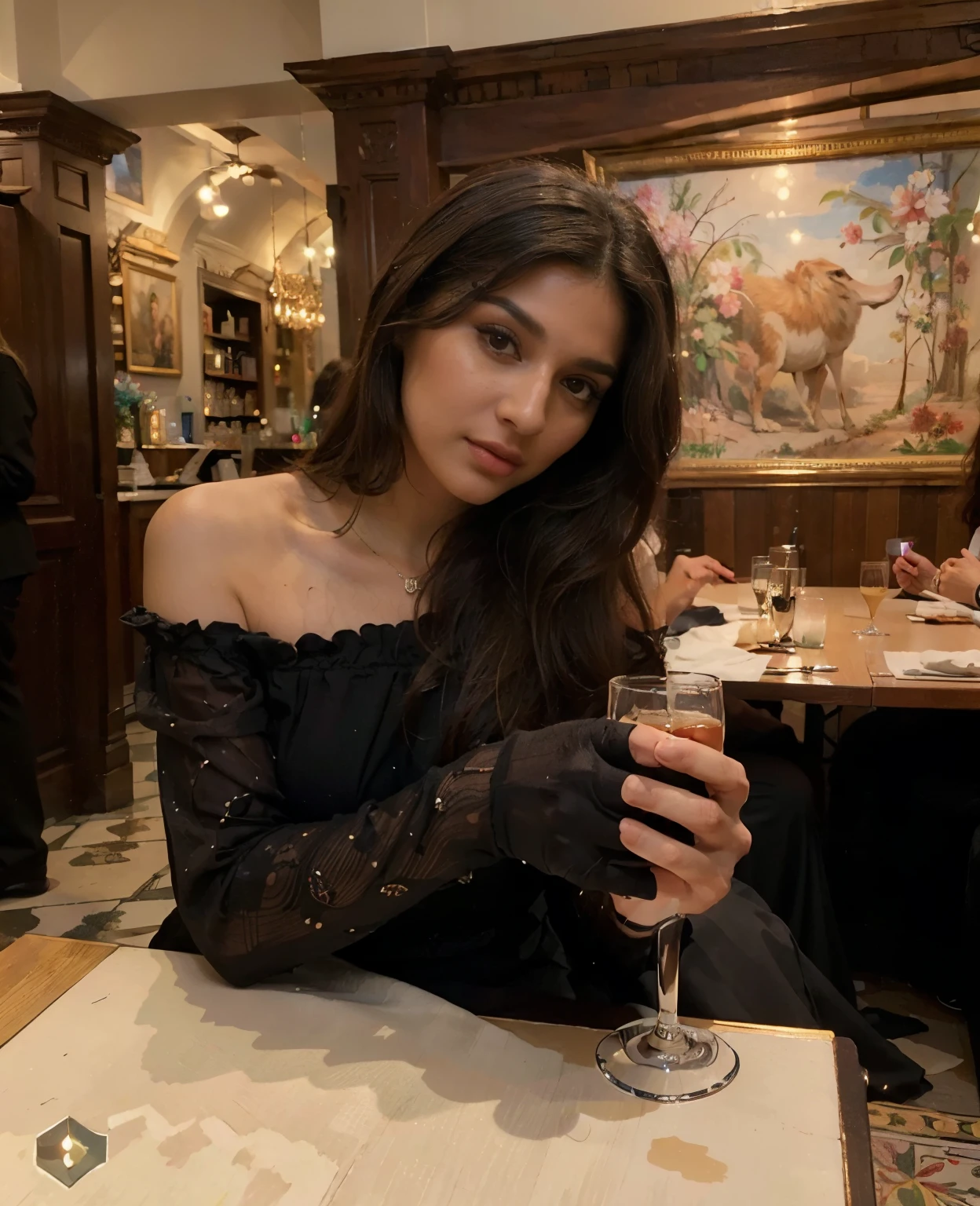 (Best quality, Ultra-detailed, Masterpiece:1.5), photograph of a beautiful pakistani woman in a restaurant holding a glass, The woman should have a flawless, highly detailed face with soft, luminous skin. Her long hair should be naturally brown and stylishly arranged. (Perfect Eyes:1.2), double eyelids, photo-realistic:1.5), 8K UHD, high budget, trendy black dress,