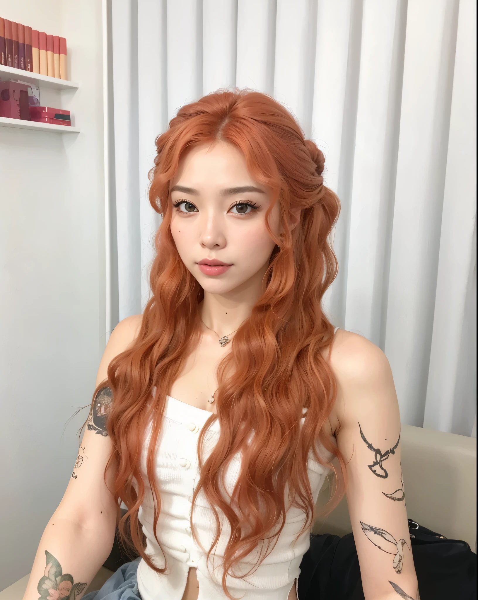 a close-up of a woman with long red hair sitting on a sofa, gengibre cabelo ondulado, longos cabelos ondulados laranja, ela tem cabelos longos e redorange, cabelos cacheados cor de cobre, cabelos longos e ondulados vermelhos, com cabelos ruivos cacheados, cabelos vermelhos ondulados muito longos, cabelo ondulado vermelho sujo, cabelos longos coloridos enferrujados, maquiagem sul-coreana popular, Ulzzang