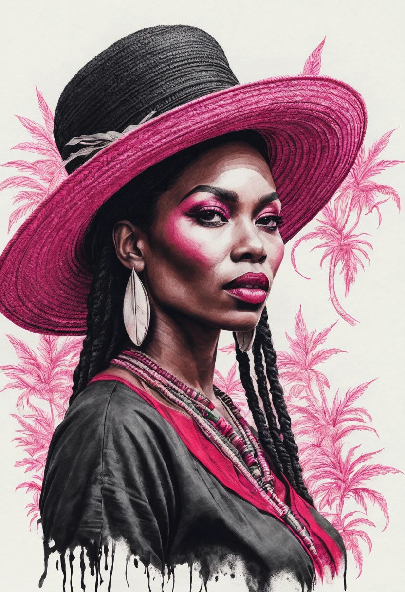 a visually stunning and emotionally resonant art piece , a woman wearing black hat and jamaican outfit traditions seamlessly weaves together elements of ancient Jamaican mythology , minimalist ink drawing style at white Vintage background, including Dark pink and red highlights to draw attention, Art drawing ; ink , super detailed, illustration, dark fantasy, conceptual art, cinematic, photov0.2