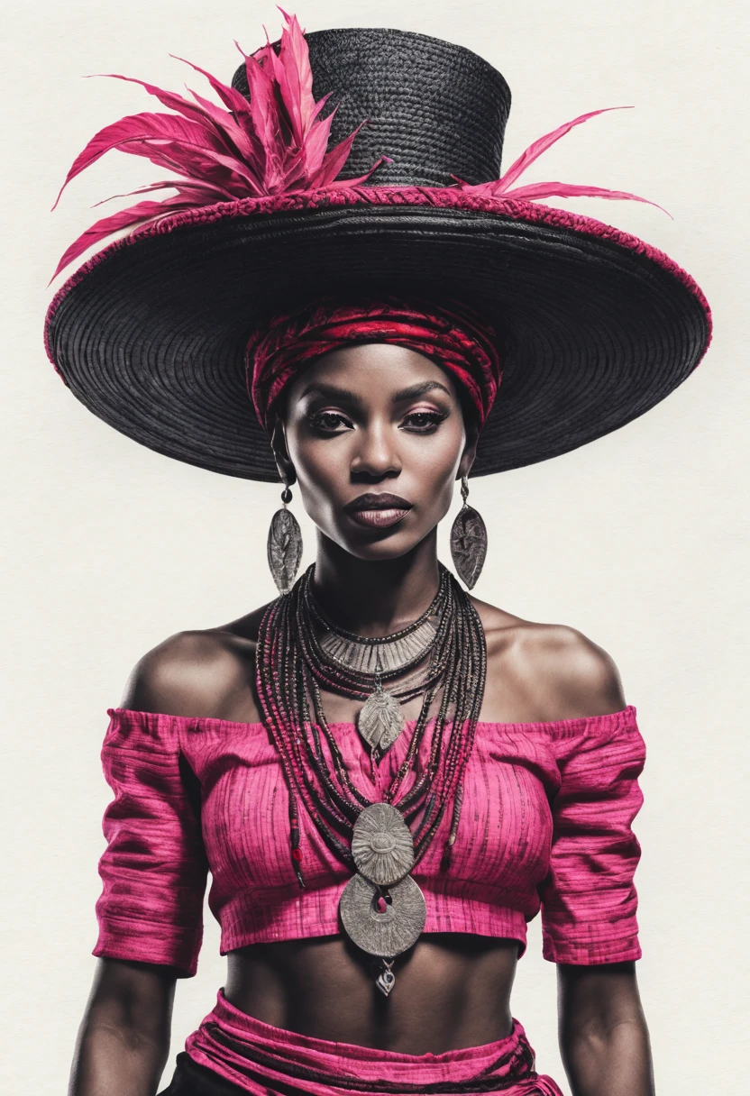 a visually stunning and emotionally resonant art piece , a woman wearing black hat and jamaican outfit traditions seamlessly weaves together elements of ancient Jamaican mythology , minimalist ink drawing style at white Vintage background, including Dark pink and red highlights to draw attention, Art drawing ; ink , super detailed, illustration, dark fantasy, conceptual art, cinematic, photov0.2