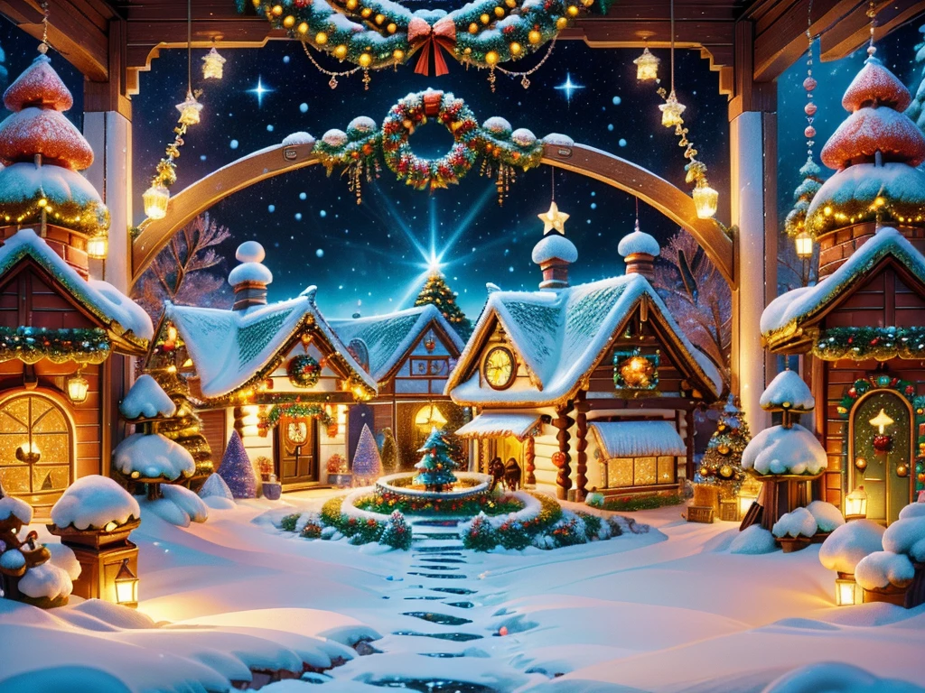 (tmasterpiece),（ultra - detailed:1.3），(Close-up: 1.8), Best quality，（棉花糖一样的白yuki:1.2），（Christmas courtyard in blue fairy tale:1.6），(蓝色门上圣诞decorationlower ring: 1.8),（suns），(((Delicious candies in front of the door，Christmas tree, gifts, Christmas stockings, cute gingerbread man，chocolate house splash))), Illustration style, decorations, Fantasy Christmas small courtyard, Lovely design style, yuki，rays of sunshine，vivd colour、 ((Whimsical and charming fantasy)), Surreal portrait, (Fantasy themed Christmas cabin), (Whimsical Christmas Accessories), (Colorful, Landscape full of candy), (enchanting, 神奇的Christmas tree), (A vibrant one, Candy-colored courtyard), (Candy Road), (blue candy door) in distance, (Like a mirror, 不对称tmasterpiece钟表配件), (Rich, fantasticcolors), (温暖的rays of sunshine), (four dimensional dream), (enchanting atmosphere), (Playful composition), (生动的rays of sunshine效果), 1.4x realism，hyper HD，Shown in this beautiful scene，(Very meticulous，Reasonable design，Clear lines，High- sharpness，tmasterpiece，offcial art，movie light effect，8K)