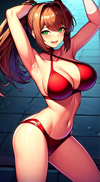 1 girl, Monika, busty and mature woman, wearing a Tyris Flare attire, sexy bikini, alluring body, sexy poses, dancing seductively, looking at the viewer with desire, beach environment