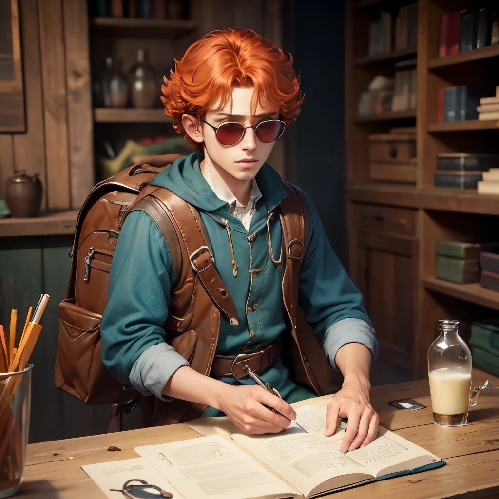 8k, masterpiece, best quality, realistic, higly detailed, cowboy shot, 1boy, solo, Carref Dollec, gnome, 1.18m tall man, curly red hair with some shades of orange and a tuft colored blue by himself, his particularly large eyes have aqua green iris, comfortable clothes of a person who walks often, his trousers in particular have many pockets where he puts objects of all kinds, the belt also has hooks where he usually keeps a small knife and various bottles; he always has his bag with him where he has three books, one where he writes his adventures, one where he lists the various creatures he has met and also some details, the third book concerns some mechanisms created by himself and projects he has in mind; then he has a backpack with a sleeping bag and some useful tools, medieval, artefice, rogue