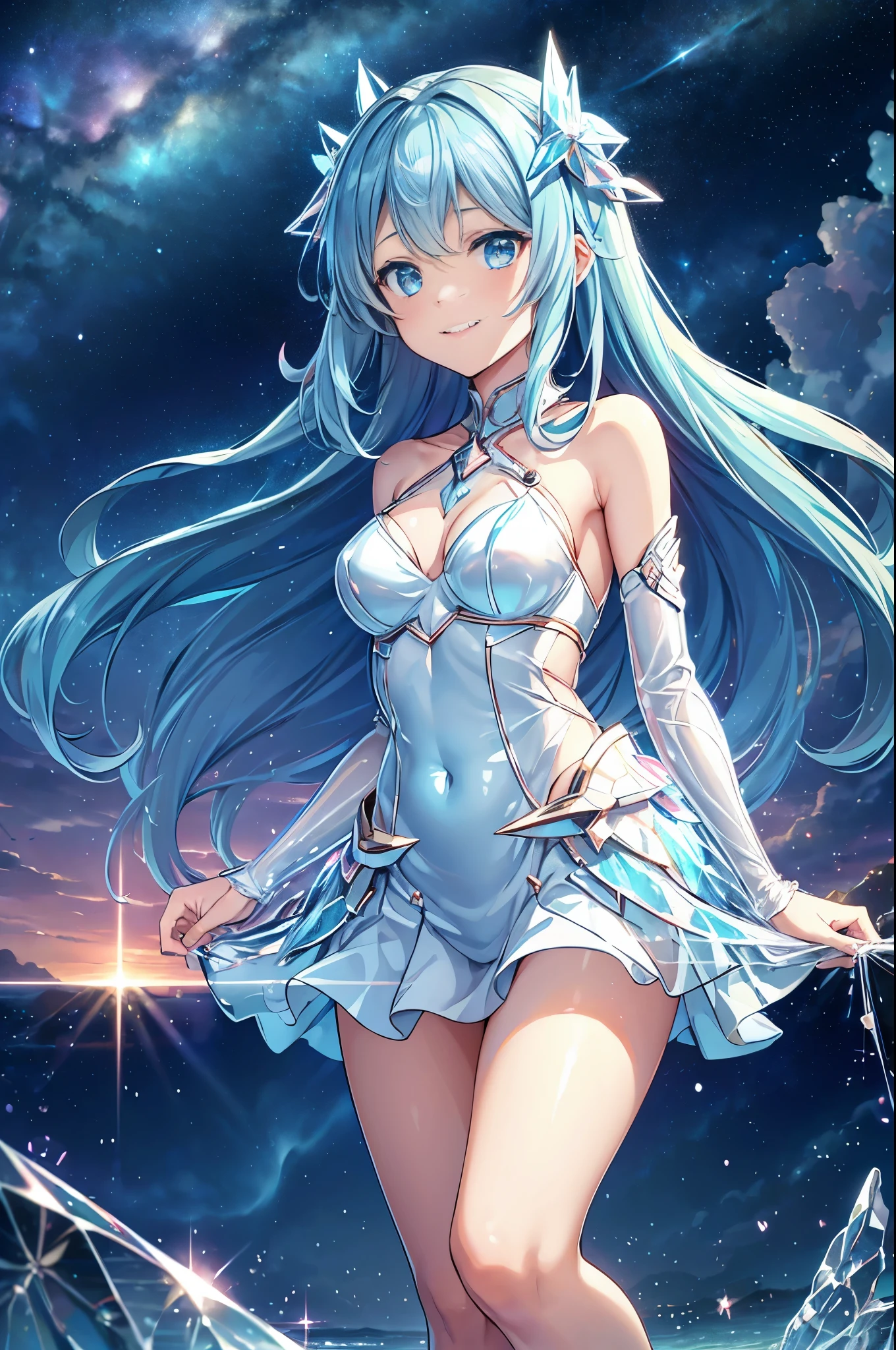 {{{masutepiece}}}, {{best qualtiy, An ultra-fine illustrations, beautifulanddelicatewater}}, {{very delicate light}}, {{Nature, Painting}}, {{Fine Lighting, More transparent stars, Very fine 8K PCG wallpaper}}, (plateau), Sunrise, randomly distributed clouds, cliff, ((Rotating starry sky)), Beautiful girl with long light blue hair with luminous particles、Twin-tailed、adorable smiling、facing front、Super Gloss Metallic Coral Rainbow Transparent Holographic Suit:1.2),