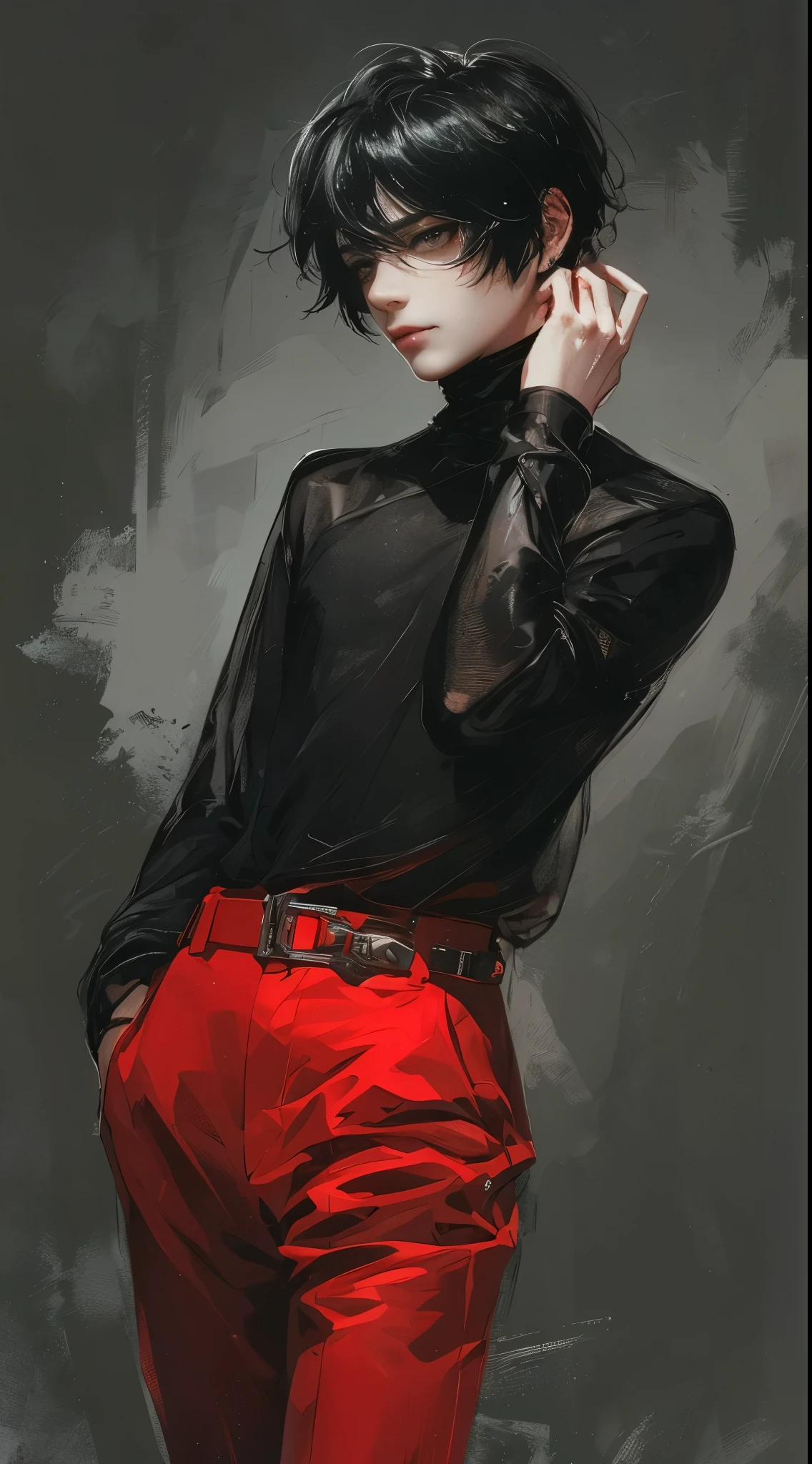 beautiful young male, black hair, turns around, hair spreads with the force of the turn, black sheer turtleneck, red pants, dark gray background, shadows, put one hand on your neck,high quality, amount of drawing, pixiv illustration