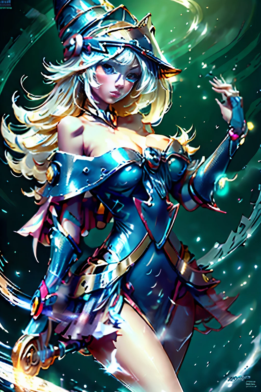 solamente, Super fine photo, Unreal Engine 5 8K UHD digital art portrait of a girl, Arte conceptual, character concept design, wearing a tight, shiny white dress with metallic details, corona de oro, ojos azules, fantasy princess, guante metalico, cabello largo y rubio, La mejor calidad, Obra maestra, Super detailed, foco nítido, pose  Sujestiva y sexy y inocente y