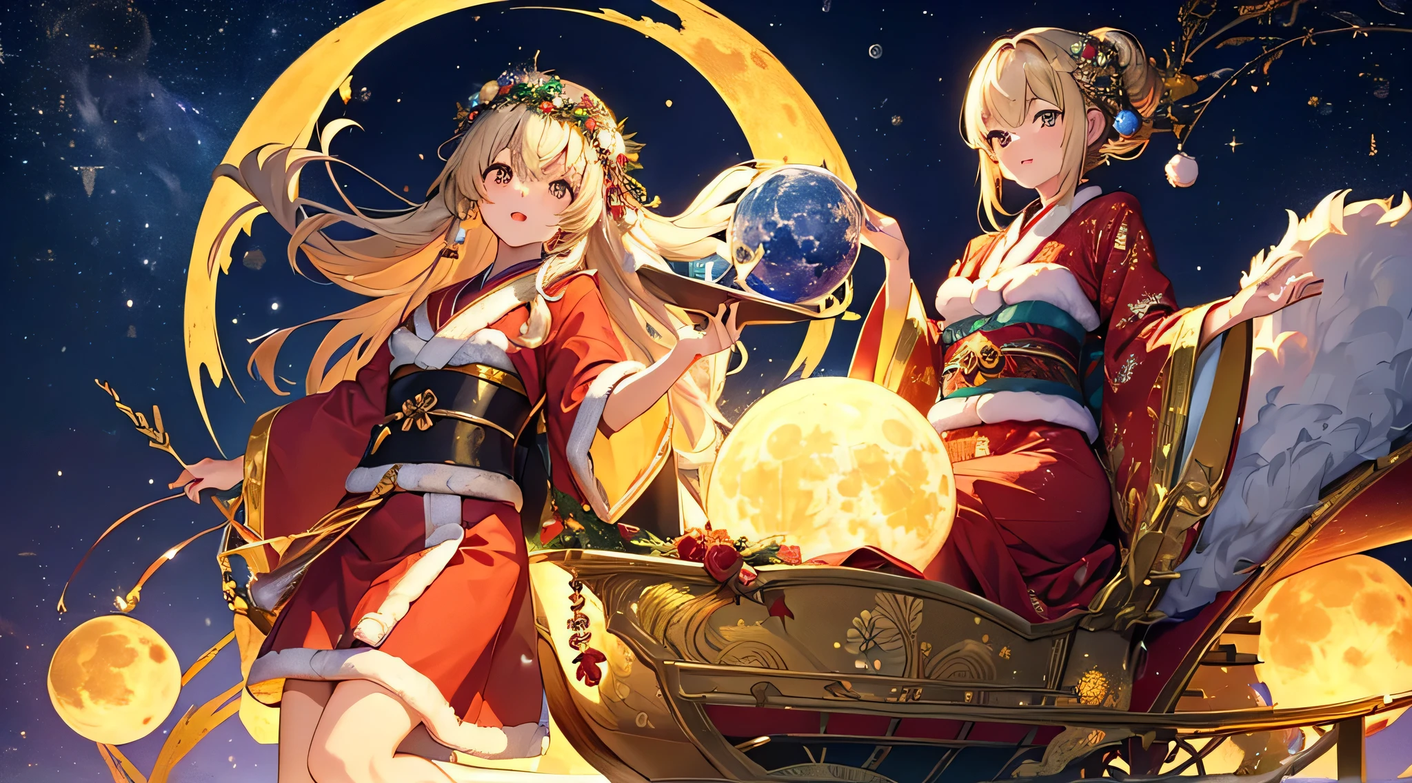 (((Golden Full Moon)))、ultra-quality、ultra-detailliert、Super beautiful、super-fine、top-quality、masutepiece、(Fractal Art:1.4)、kosmos、intergalactic、Aurora、Santa Claus on a sleigh、Kimono、Santa Claus with Japanese pattern、Christmas Wreath