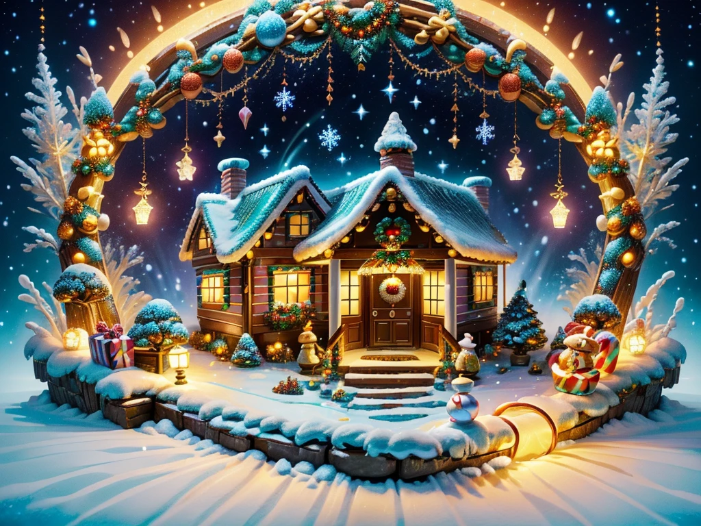 (tmasterpiece),（ultra - detailed:1.3），(Close-up: 1.8), Best quality，（棉花糖一样的白yuki:1.2），（Christmas courtyard in blue fairy tale:1.6），(蓝色门上圣诞decorationlower ring: 1.8),（suns），(((Delicious candies in front of the door，Christmas tree, gifts, Christmas stockings, cute gingerbread man，chocolate house splash))), Illustration style, decorations, Fantasy Christmas small courtyard, Lovely design style, yuki，rays of sunshine，vivd colour、 ((Whimsical and charming fantasy)), Surreal portrait, (Fantasy themed Christmas cabin), (Whimsical Christmas Accessories), (Colorful, Landscape full of candy), (enchanting, 神奇的Christmas tree), (A vibrant one, Candy-colored courtyard), (Candy Road), (blue candy door) in distance, (Like a mirror, 不对称tmasterpiece钟表配件), (Rich, fantasticcolors), (温暖的rays of sunshine), (four dimensional dream), (enchanting atmosphere), (Playful composition), (生动的rays of sunshine效果), 1.4x realism，hyper HD，Shown in this beautiful scene，(Very meticulous，Reasonable design，Clear lines，High- sharpness，tmasterpiece，offcial art，movie light effect，8K)